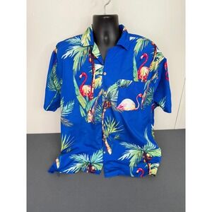 Uzzi Button Down Mens XL Blue Flamingo Tropical Palm Tree Short Sleeve Shirt